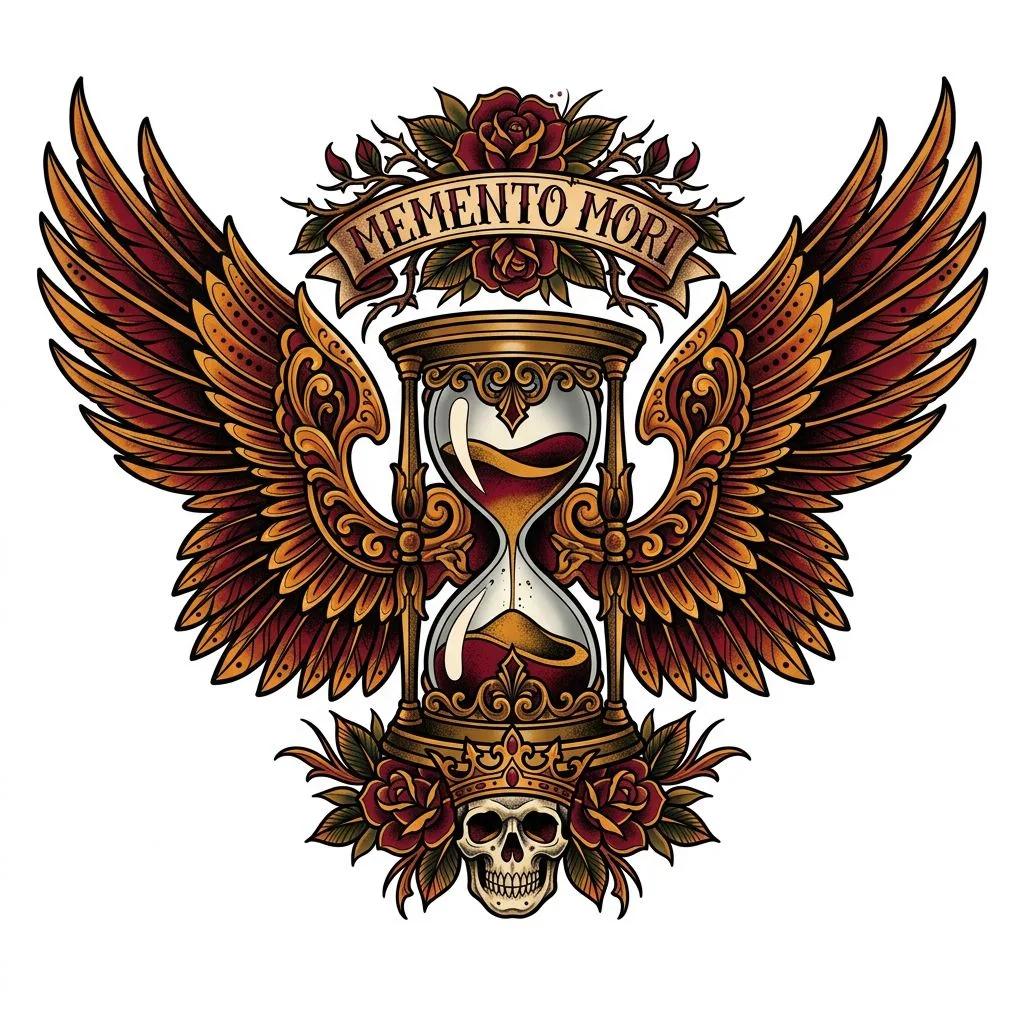 Neo-traditional tattoo of a winged hourglass with roses, skull, and Memento Mori banner.