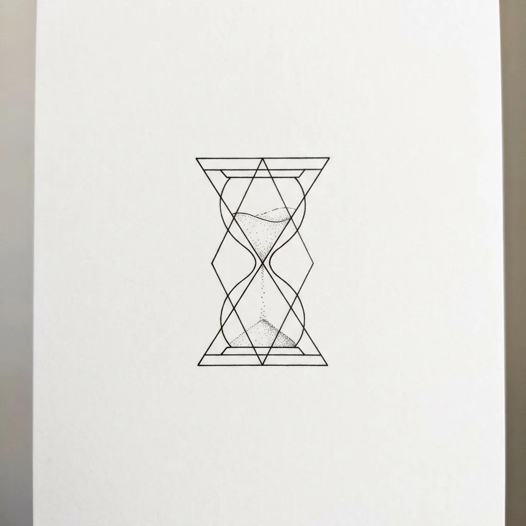 Minimalist geometric fine-line hourglass tattoo design on a white paper background.