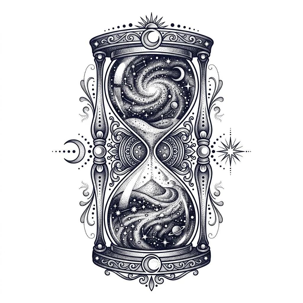 Cosmic hourglass tattoo design with galaxy and stars inside, featuring intricate dotwork on a white background.