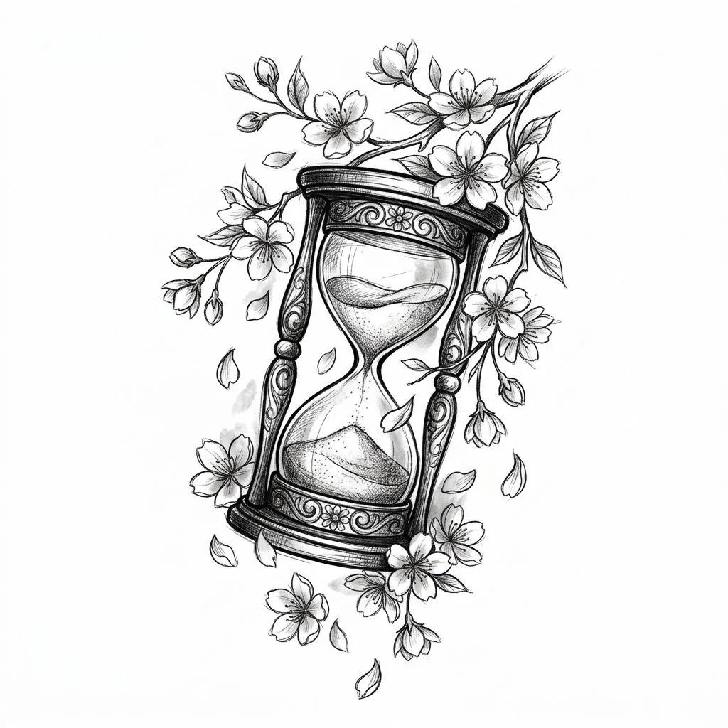Tattoo design of an ornate hourglass surrounded by cherry blossoms and petals, black and white sketch style.