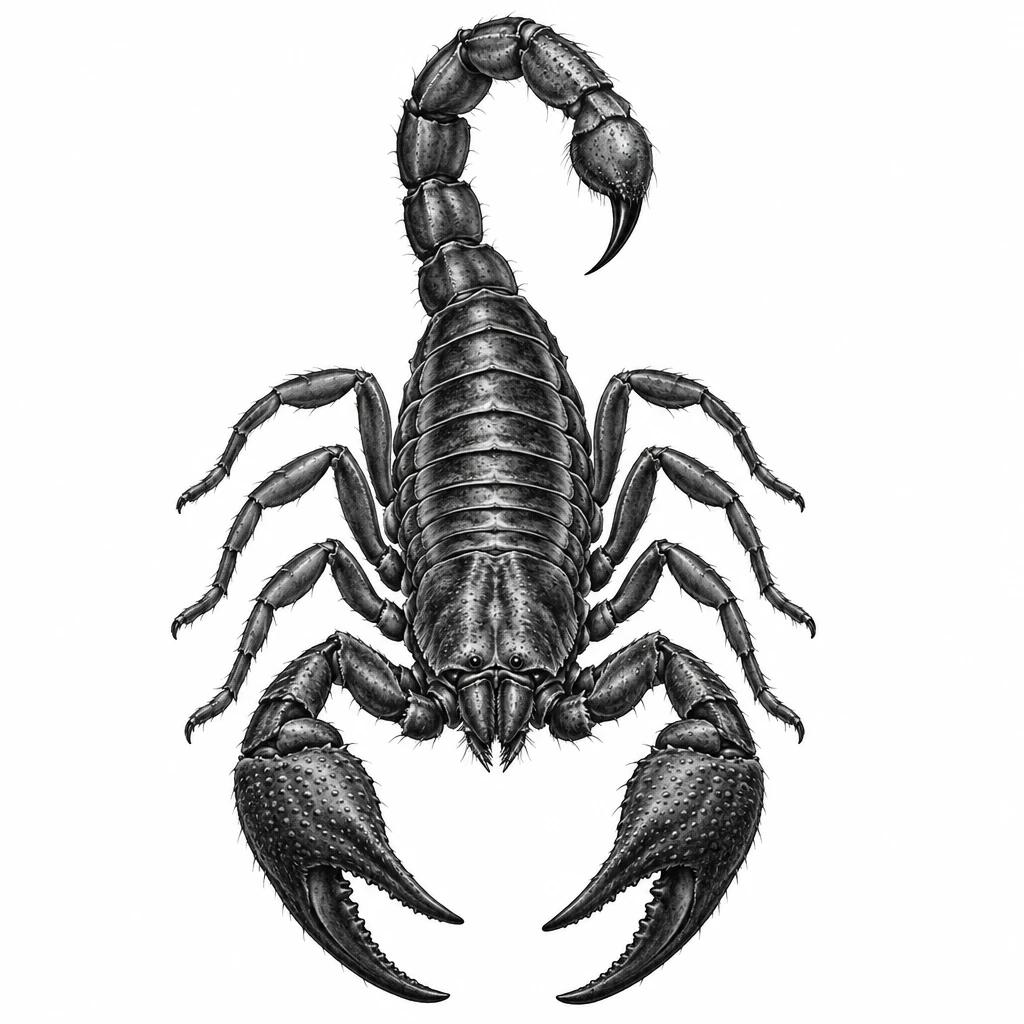 Realistic scorpion tattoo design seen from above, detailed segmented carapace and raised stinger