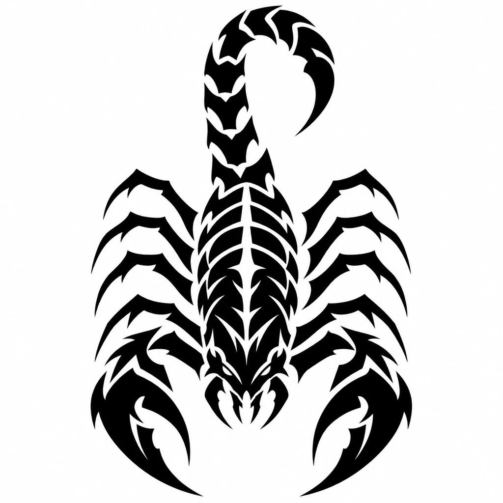 Tribal scorpion tattoo design, bold angular black shapes with sharp points