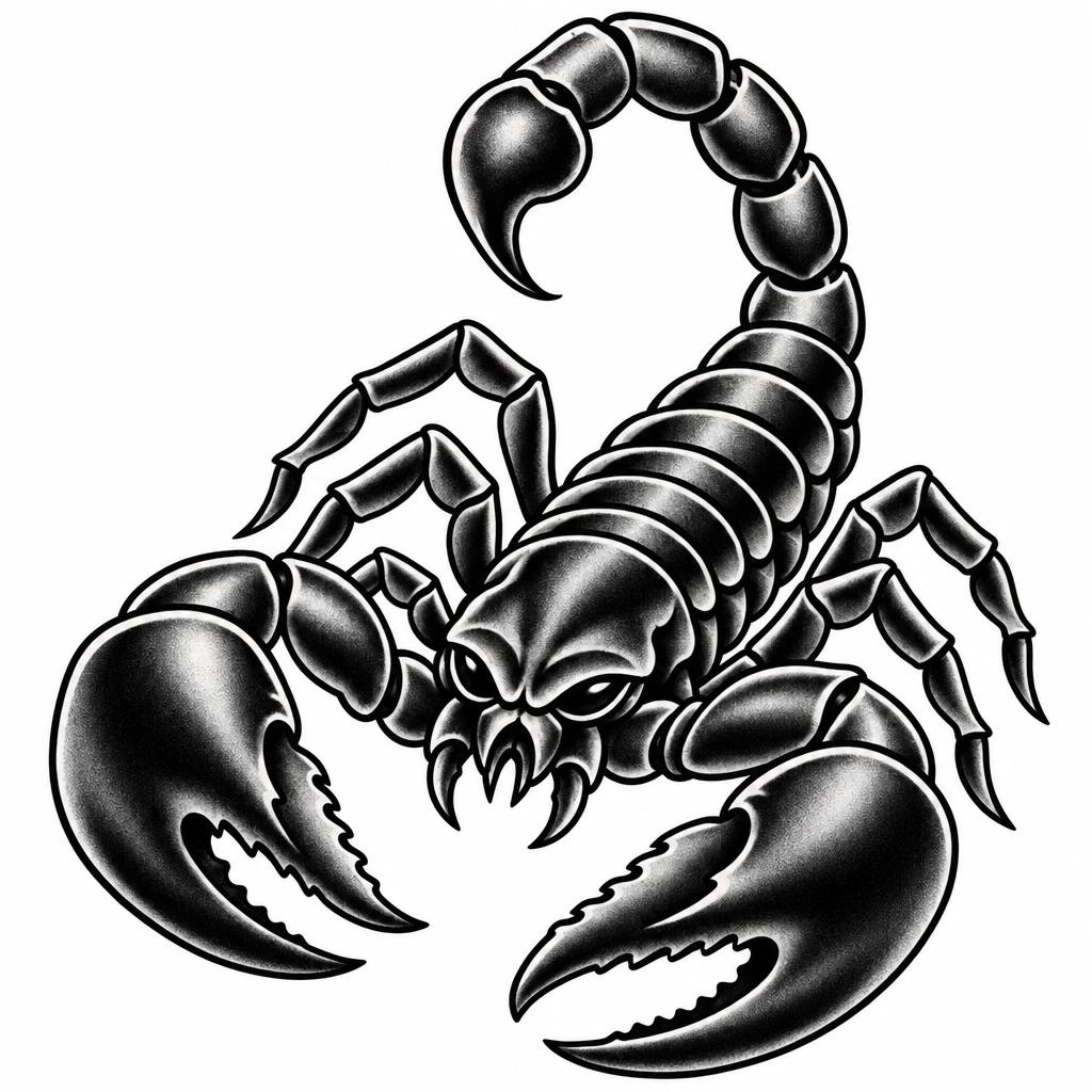 Old school scorpion tattoo design, thick black outlines and exaggerated pincers