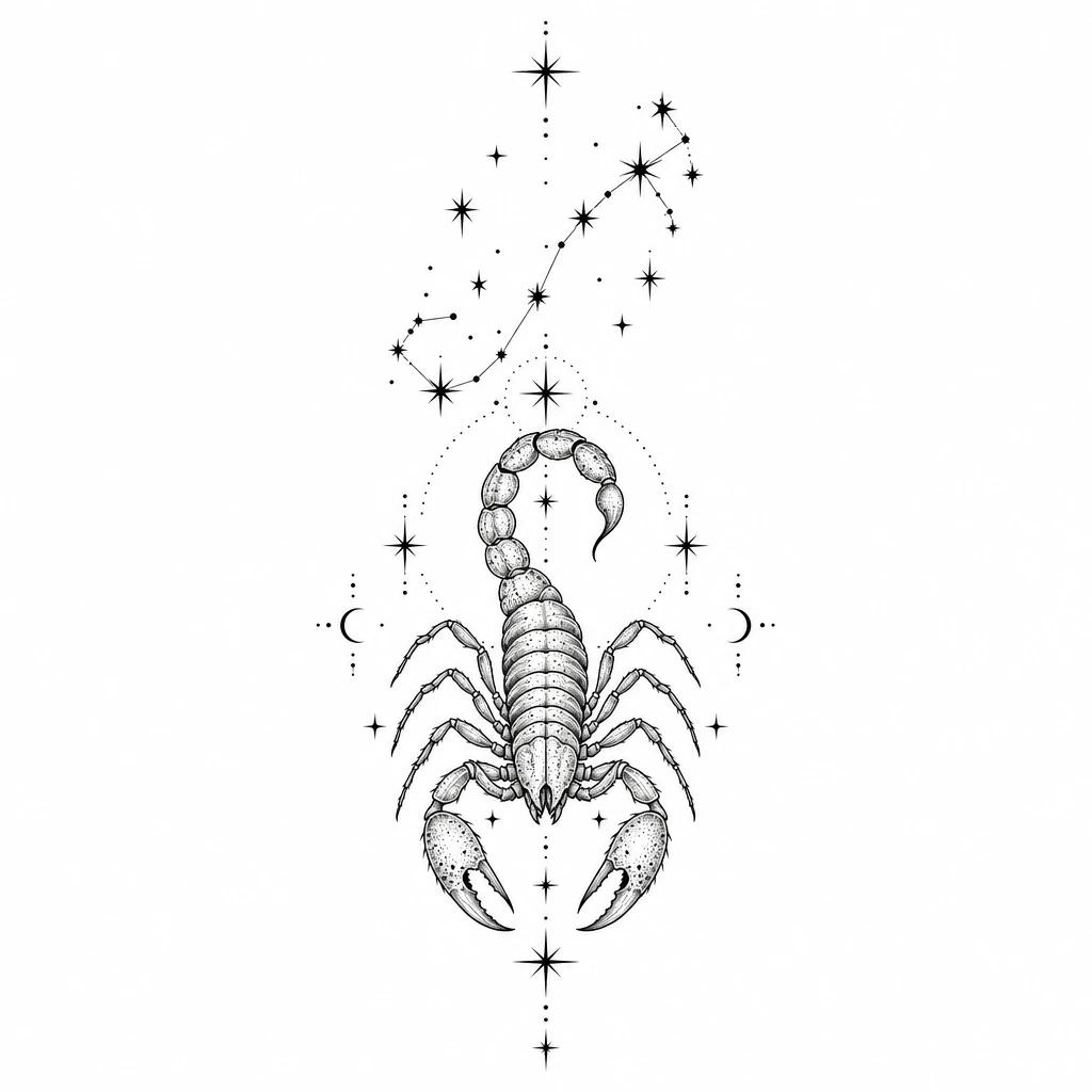 Fine-line scorpion tattoo design topped by the Scorpio constellation, stars joined by thin lines