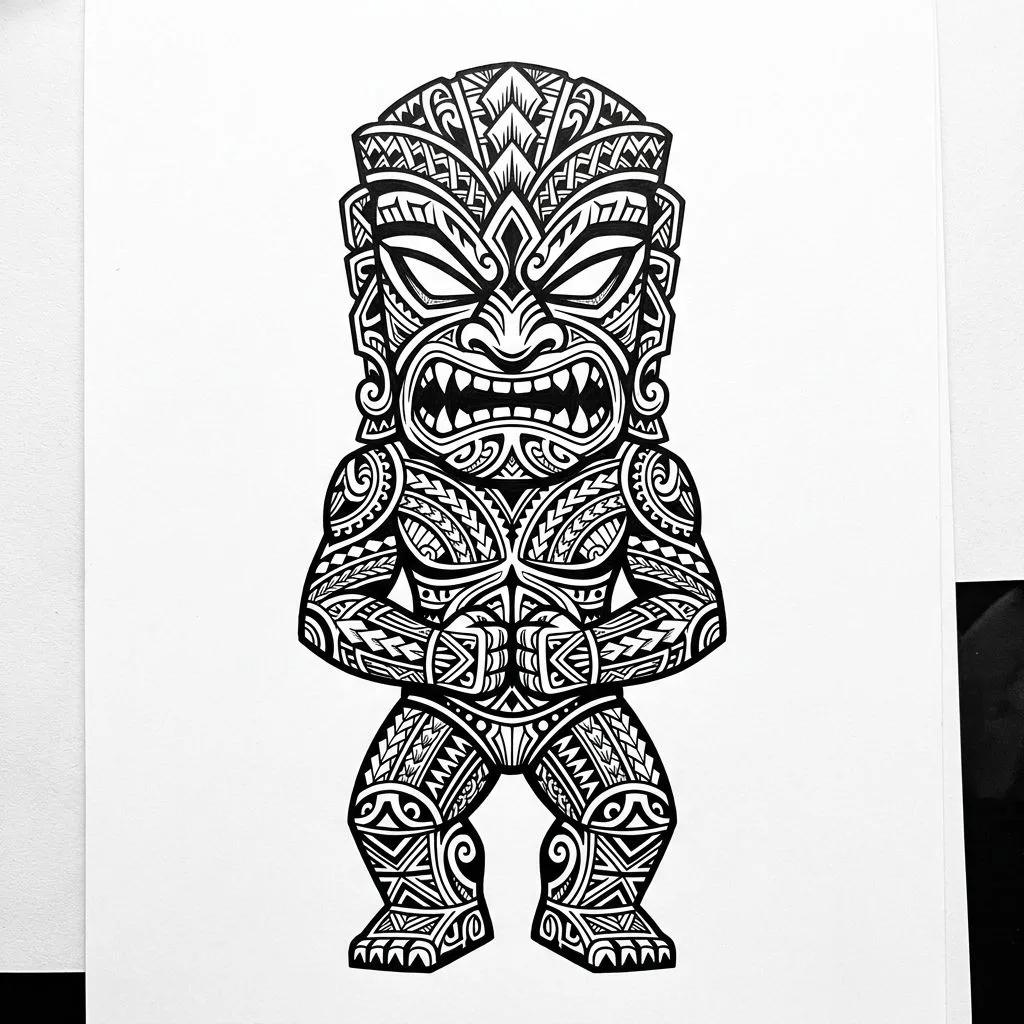 Tattoo design of a protective Tiki god in Polynesian tribal style with black geometric patterns.