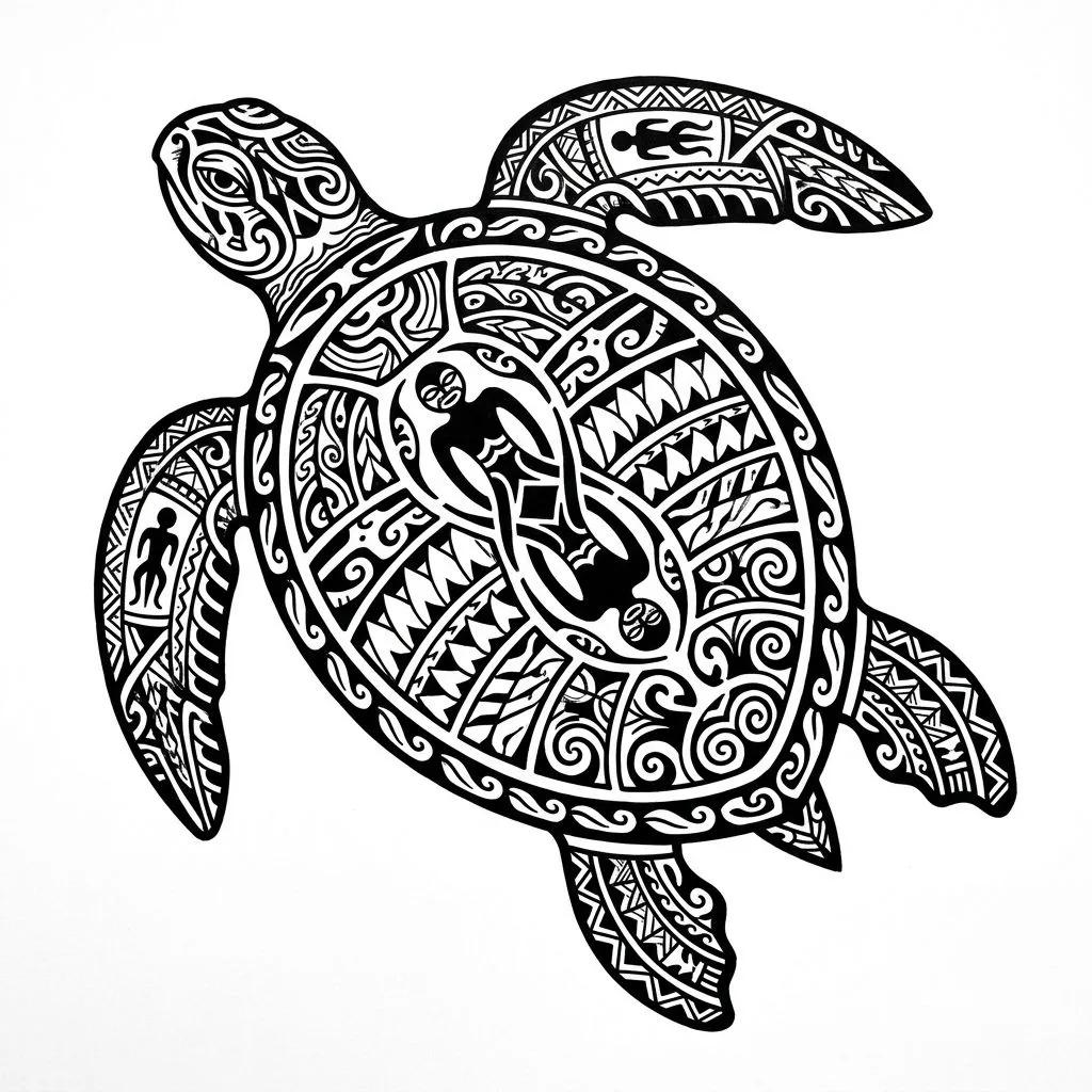 Sea turtle tattoo design with black tribal patterns on a solid white background.