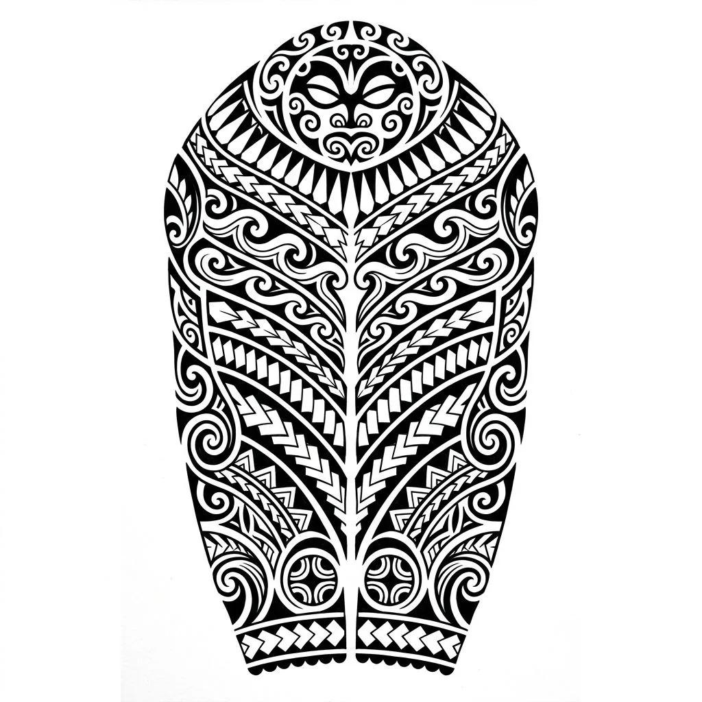 Symmetrical Polynesian tattoo design featuring a Tiki face, ocean waves, and spearheads.