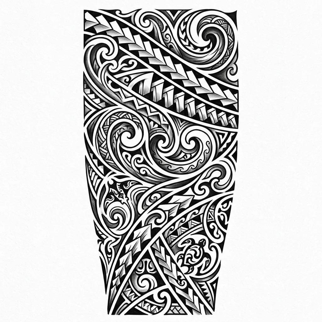 Tahitian tribal tattoo design featuring shark teeth patterns, ocean waves, and a turtle on a white background.