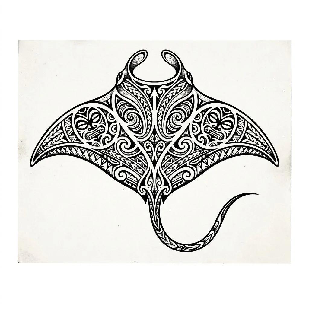 Manta ray tattoo design featuring Polynesian tribal patterns and Tiki faces on a white background.