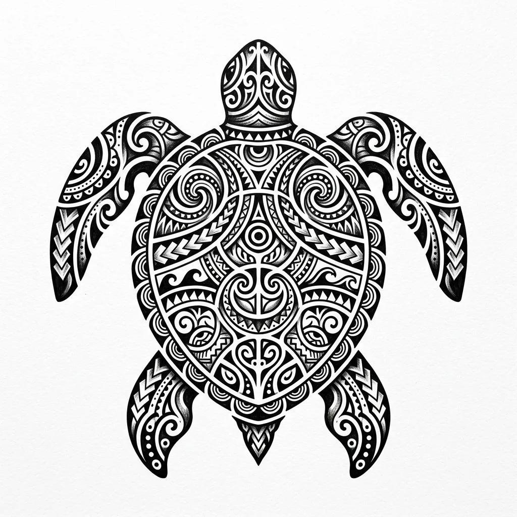 Polynesian sea turtle tattoo design featuring intricate black tribal patterns on a white background.
