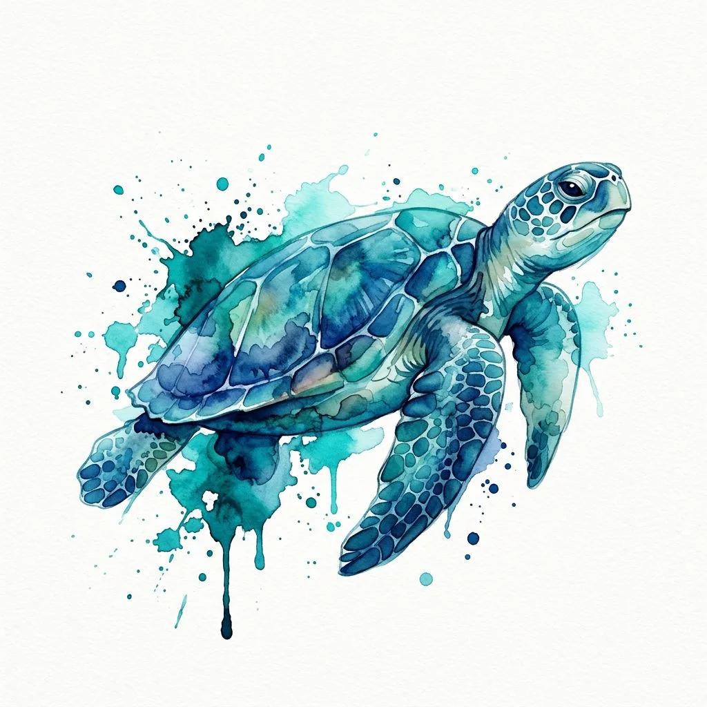 Watercolor sea turtle tattoo design with blue and turquoise ink splashes on a white background.