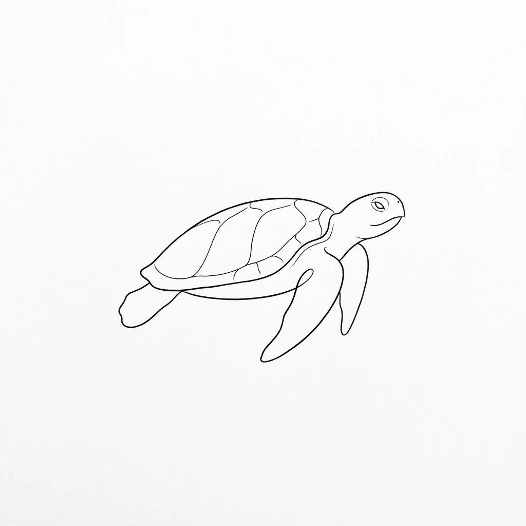 Minimalist fine-line sea turtle tattoo design in profile on a white background.