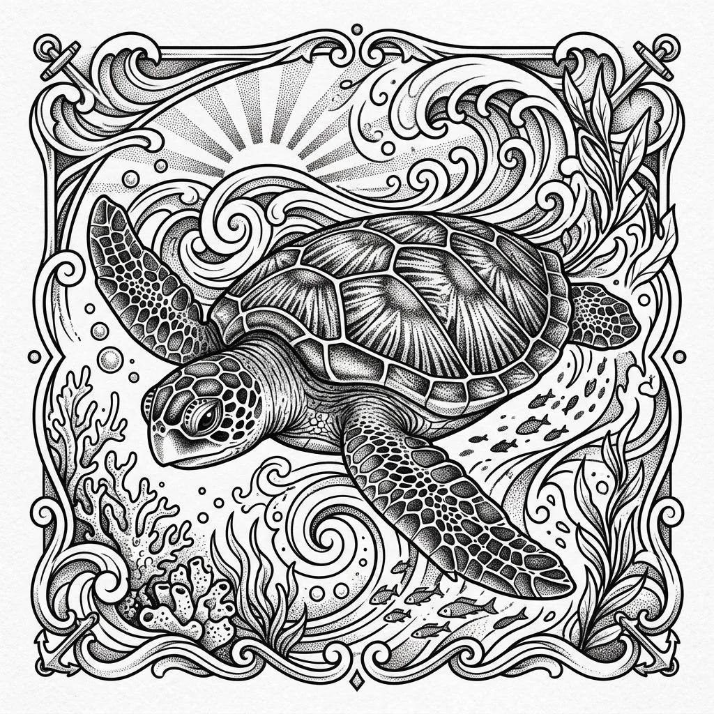 Realistic dotwork sea turtle tattoo design with waves and corals.