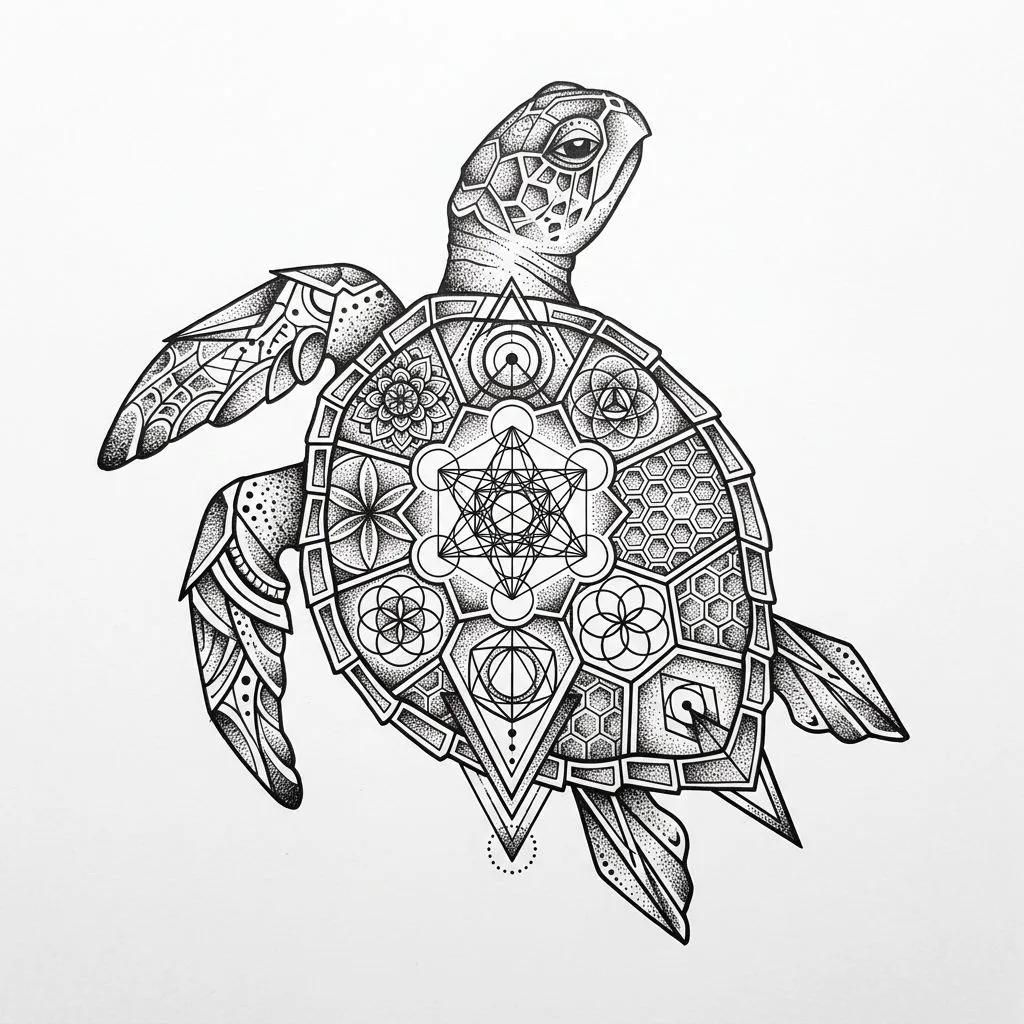 Tattoo design of a sea turtle decorated with sacred geometry patterns and stippling on a white background.