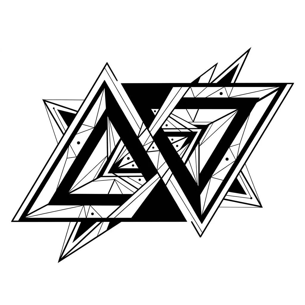 Tattoo design featuring interlocking geometric triangles with fine lines and solid blackwork.