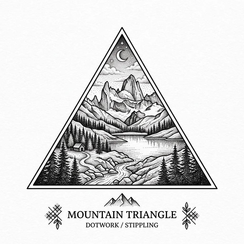 Dotwork tattoo design of a mountain landscape with a lake and cabin inside a triangle.