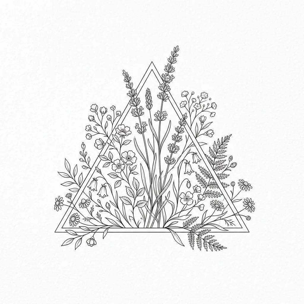Fine-line tattoo design of a triangle frame filled with lavender and wildflowers on a white background.