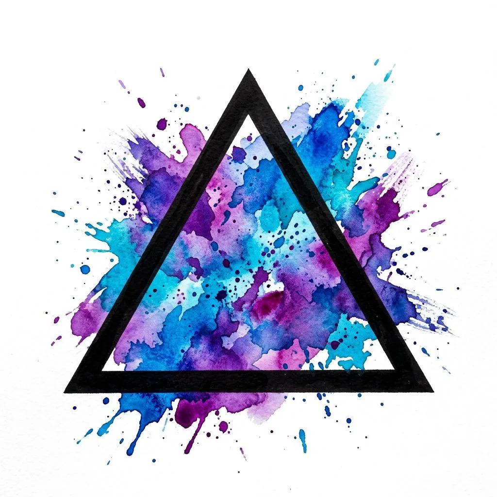 Tattoo design of a black triangle with blue and purple watercolor splashes on a white background.