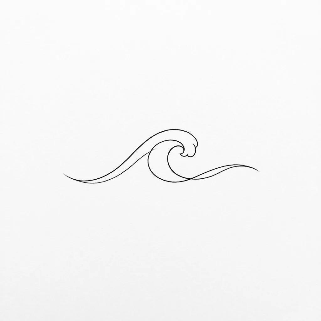 Minimalist wave tattoo design drawn with a single fine line on a white background.