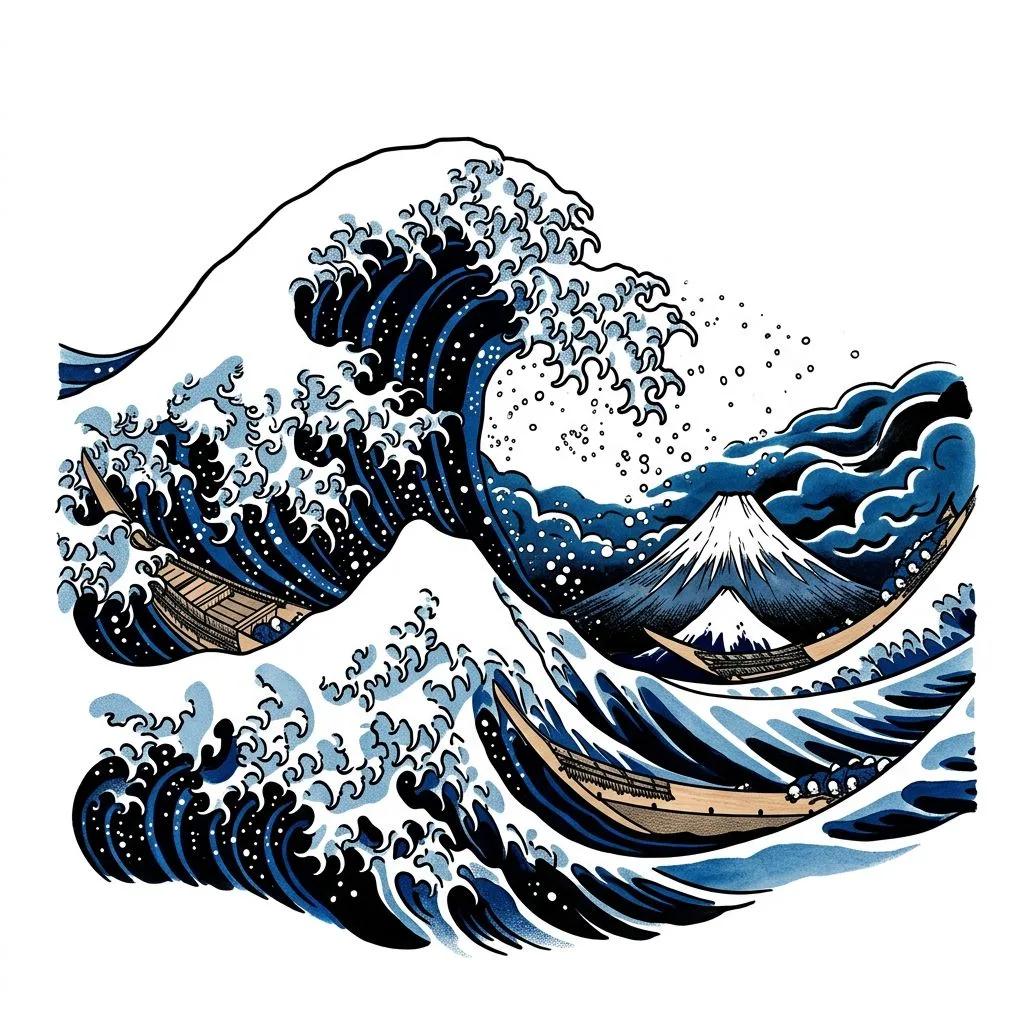 Detailed tattoo design of the Great Wave off Kanagawa with blue ink and bold outlines on a white background.
