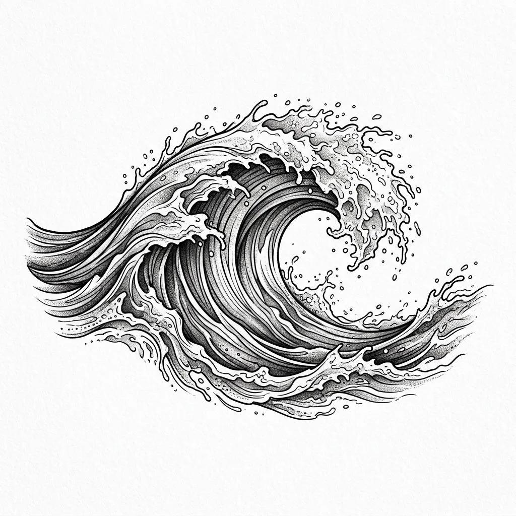 Black and white wave tattoo design with dotwork on a white background.