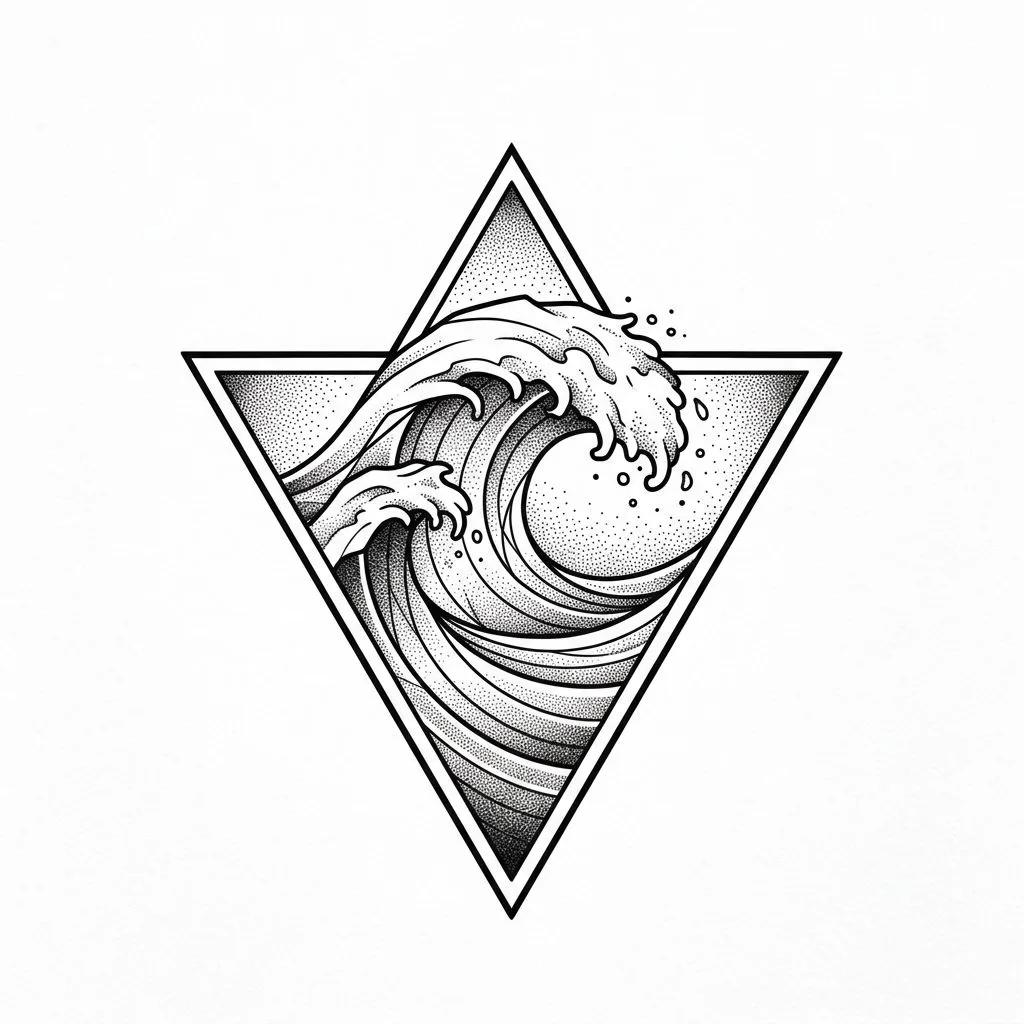 Tattoo design of a breaking wave inside a geometric triangular frame with dotwork shading.