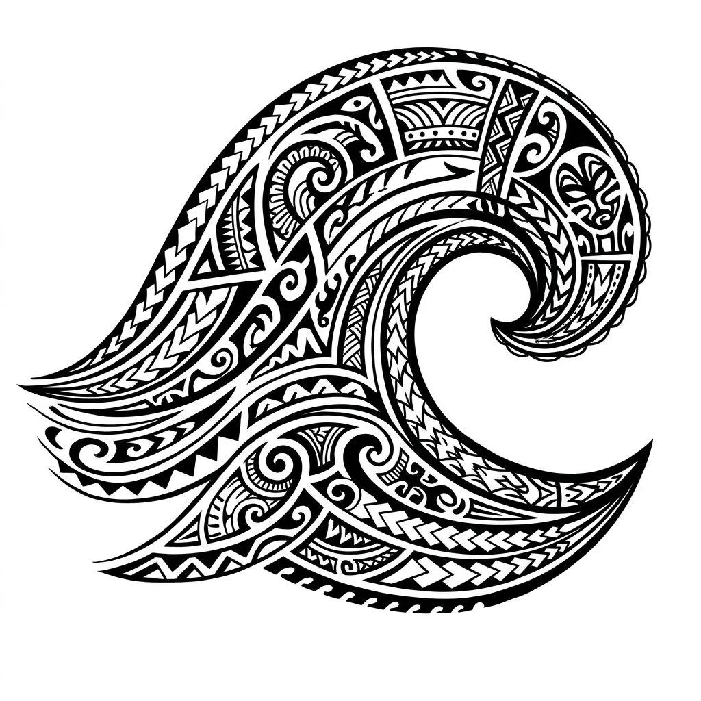 Polynesian wave tattoo with black tribal patterns.