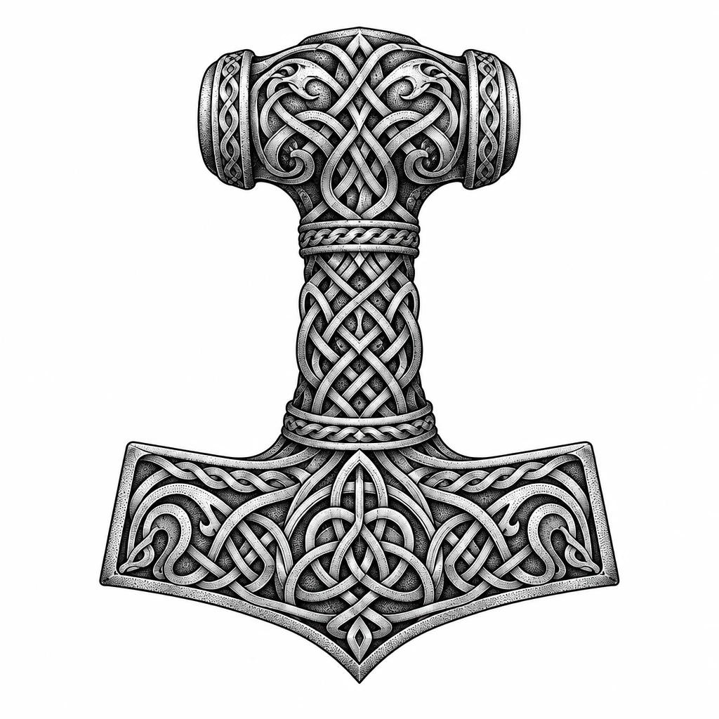 Mjolnir tattoo design, Thor's hammer covered in Scandinavian knotwork