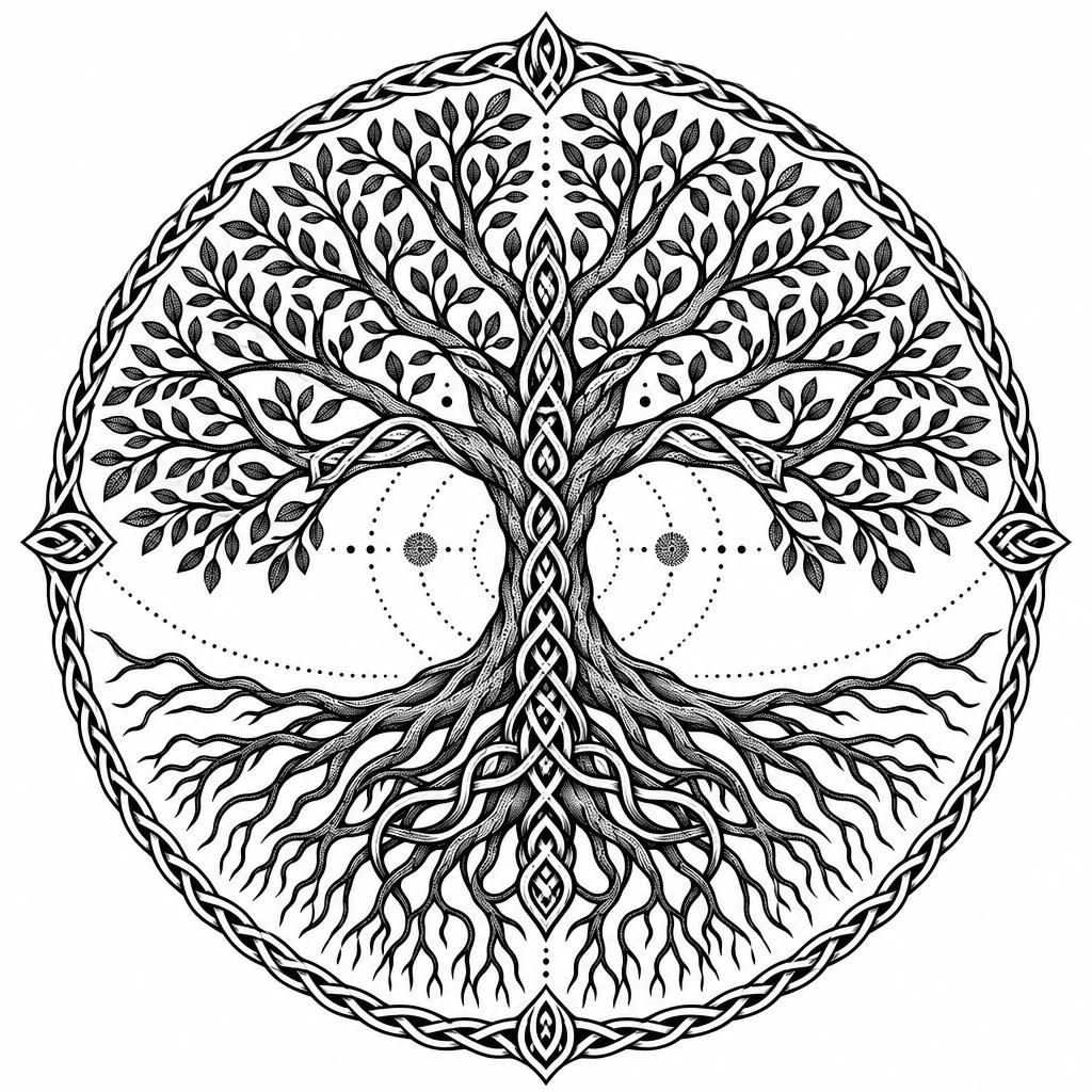 Yggdrasil tattoo design, the world tree with symmetrical branches and roots inside a circle