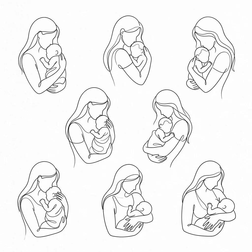 Minimalist continuous line art tattoo designs of a mother and baby on a white background.
