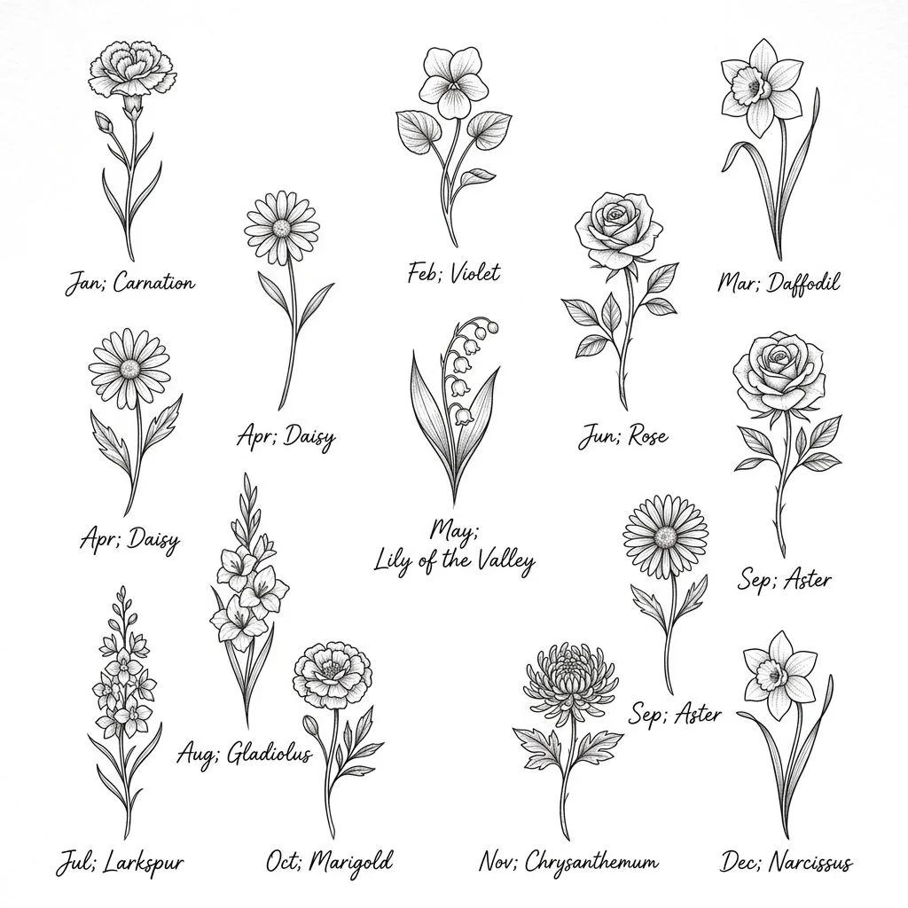 Flash sheet of minimalist birth month flower tattoos in fine black line art.