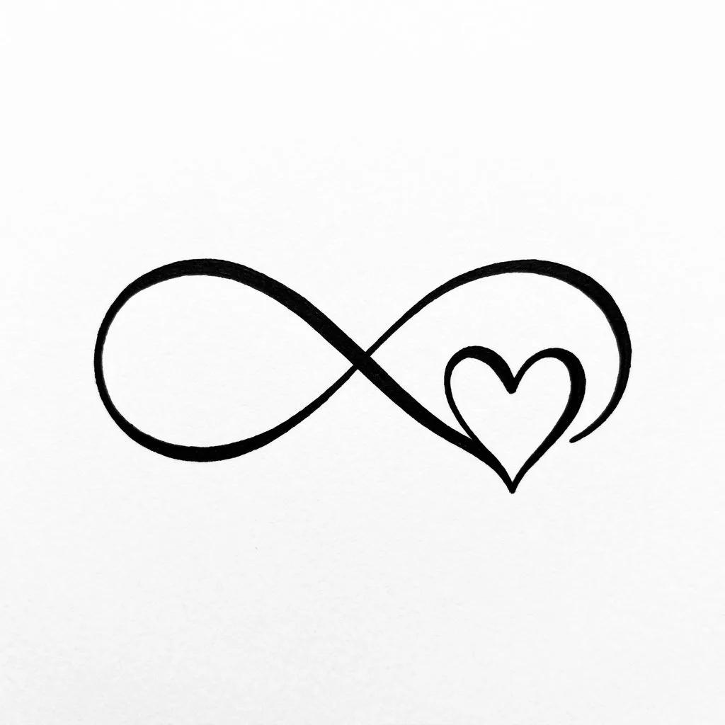Minimalist tattoo design of an infinity symbol merging with a small heart in black ink.