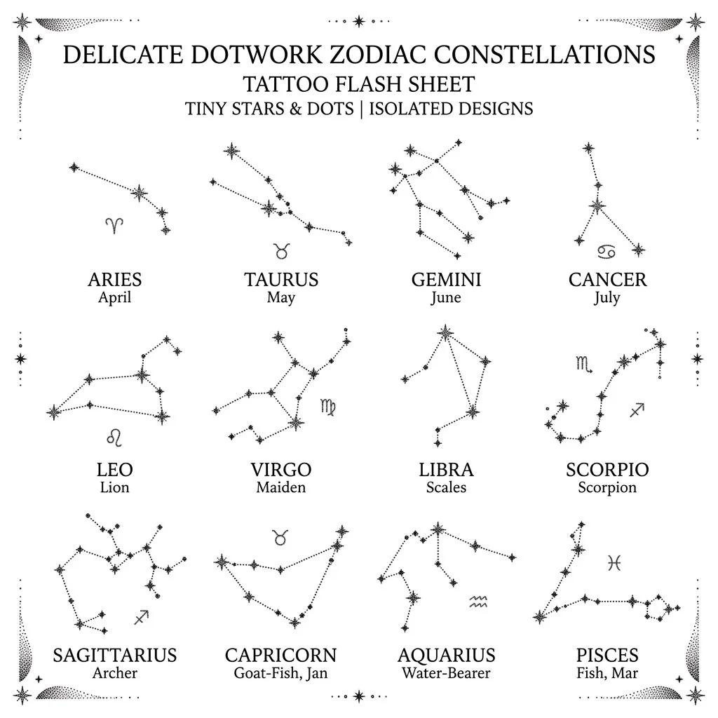 Tattoo flash sheet of zodiac constellations in delicate dotwork on a white background.