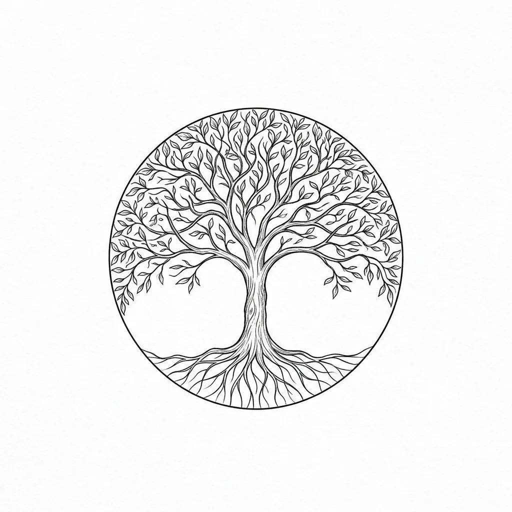 Tattoo design of a circular tree of life with fine lines on a white background.