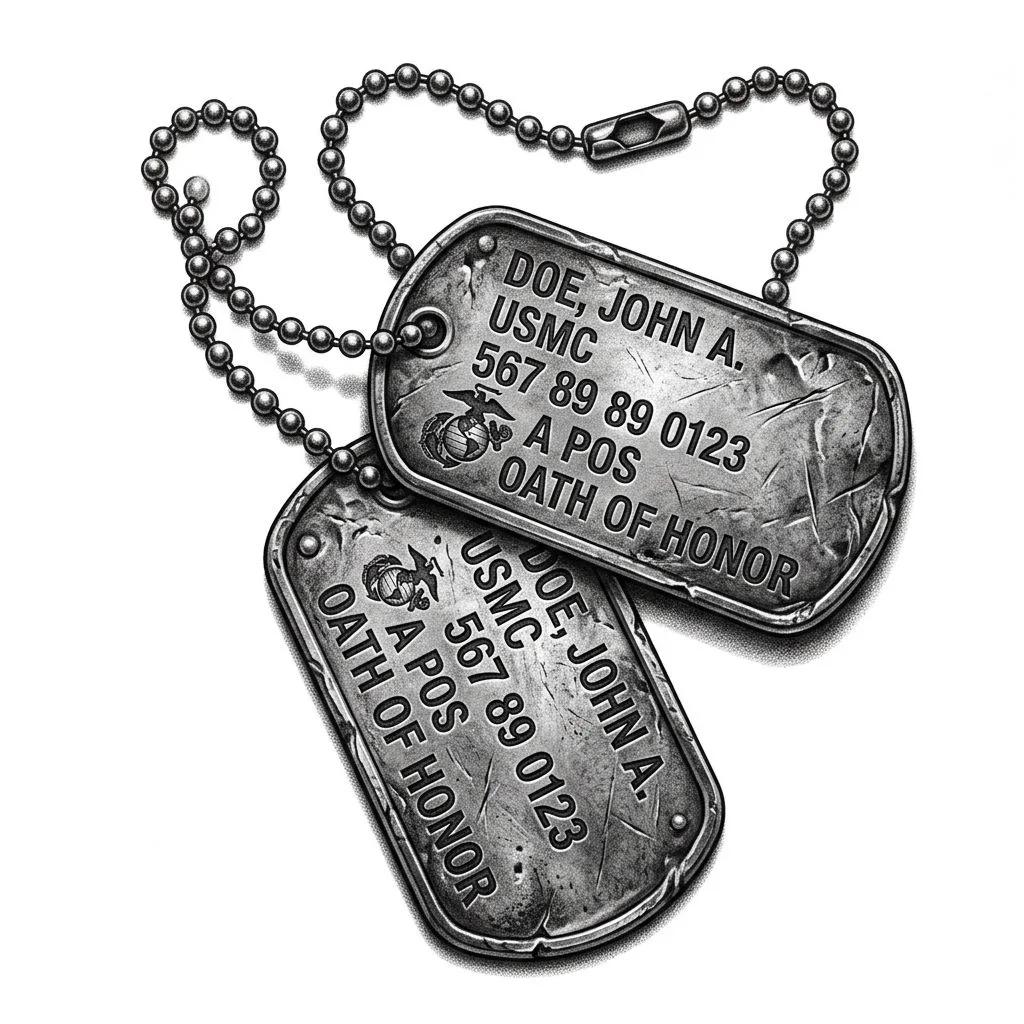 Realistic black and grey military dog tags tattoo design on a plain white background.