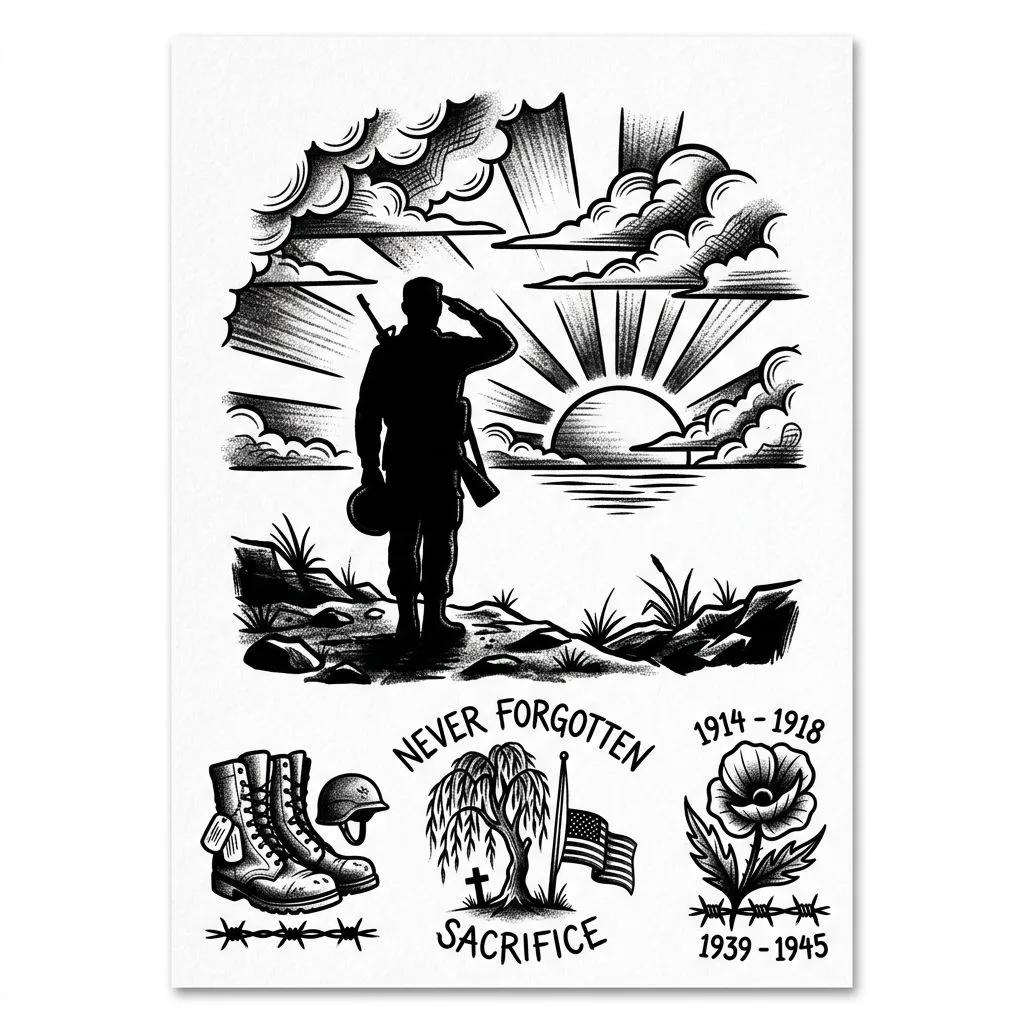 Tattoo flash sheet featuring a saluting soldier silhouette at sunset in blackwork style.
