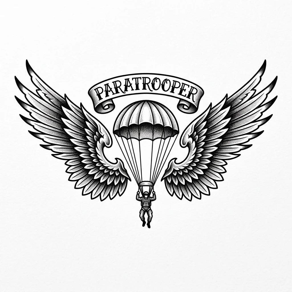 Paratrooper tattoo design featuring large symmetrical wings and dotwork shading on a white background.