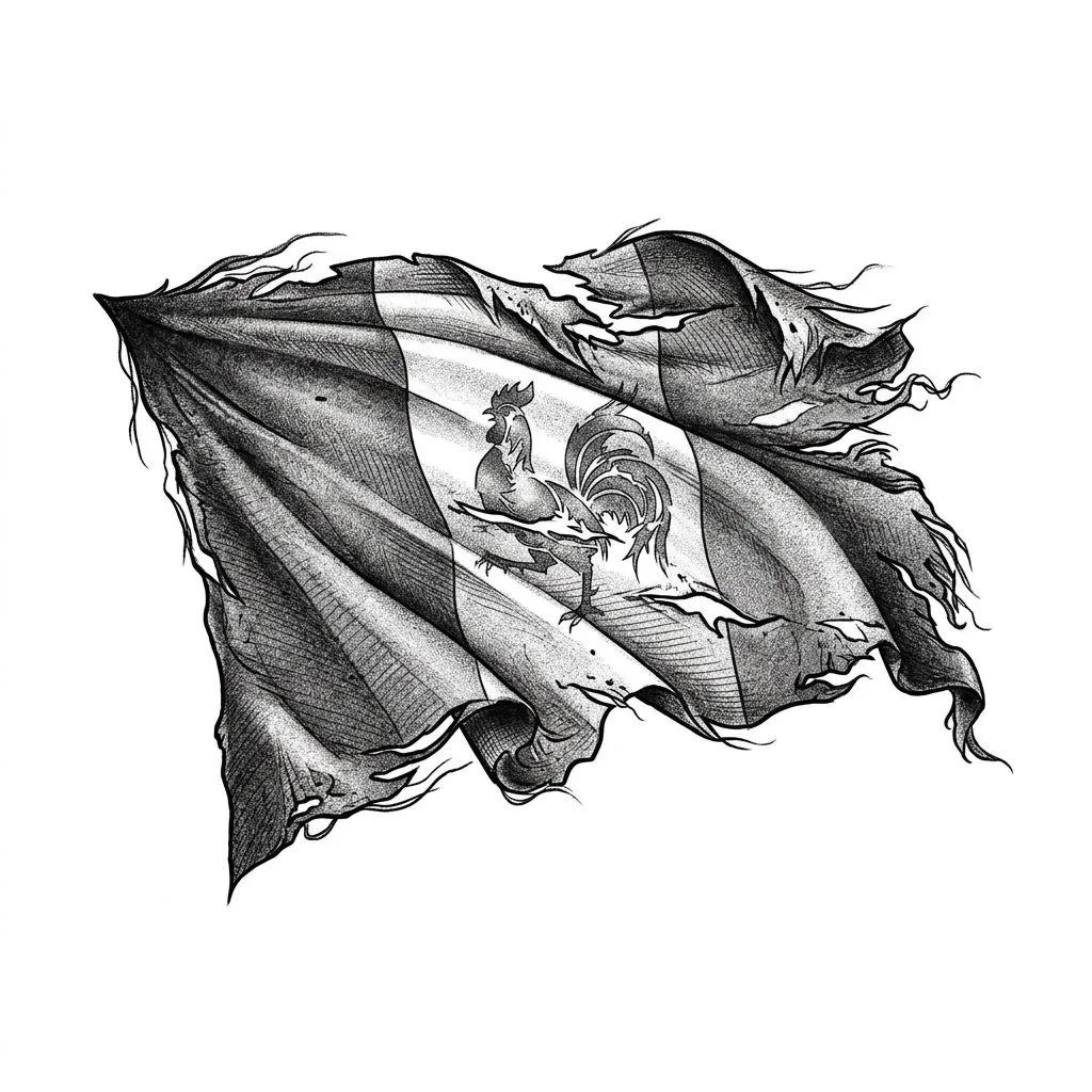Tattoo design of a torn French flag featuring a Gallic rooster, realistic black and grey shading.