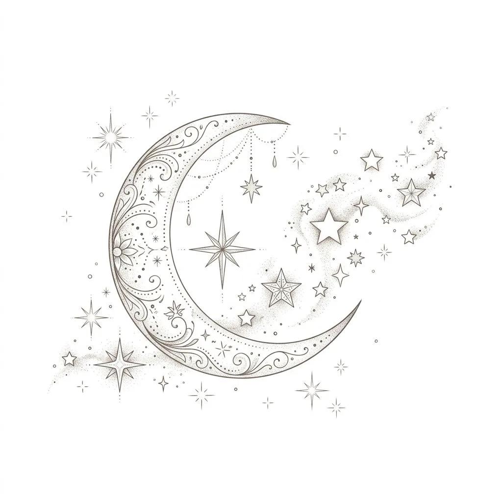 Tattoo design of an ornamental crescent moon surrounded by stippled stars on a white background.