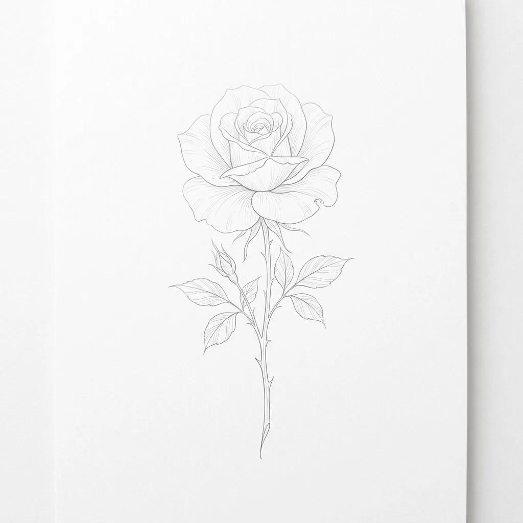 A delicate fine-line rose tattoo design with a stem and leaves on a plain white background.