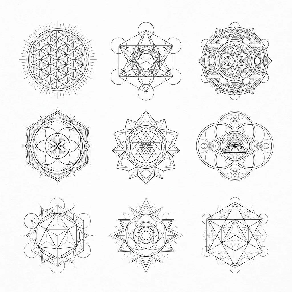 Tattoo flash sheet featuring various sacred geometry motifs in fine black lines on a white background.