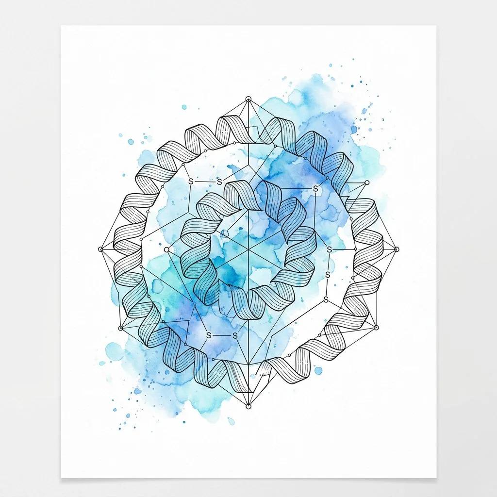 Geometric insulin molecule tattoo design with blue watercolor splashes.