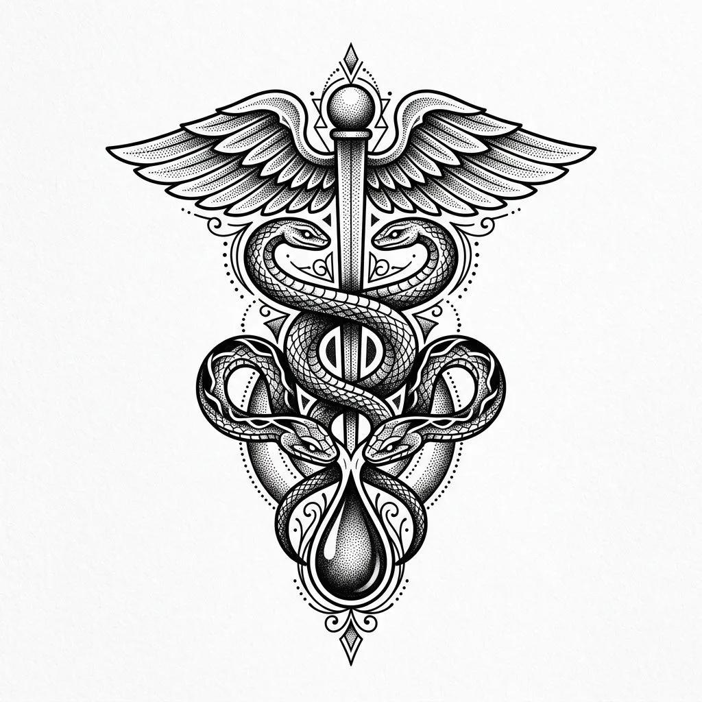 Tattoo design of a modern caduceus in dotwork style with snakes, wings, and a stylized blood drop.