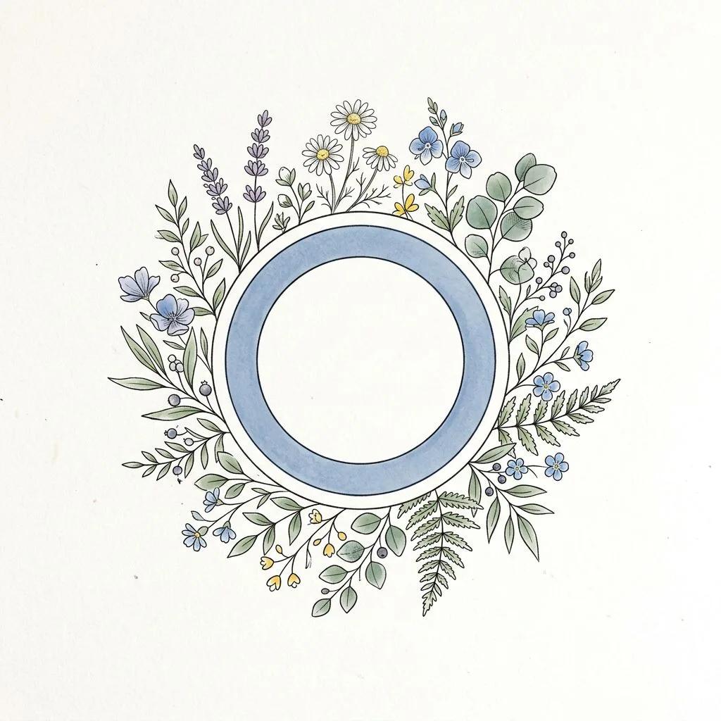 Tattoo design of a blue circle surrounded by delicate wildflowers and leaves on a white background.