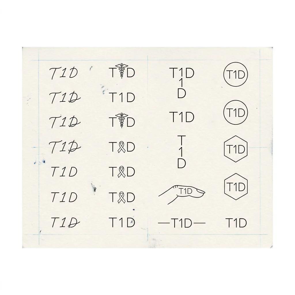 Sheet of minimalist T1D tattoo designs in black ink with various lettering styles on white paper.