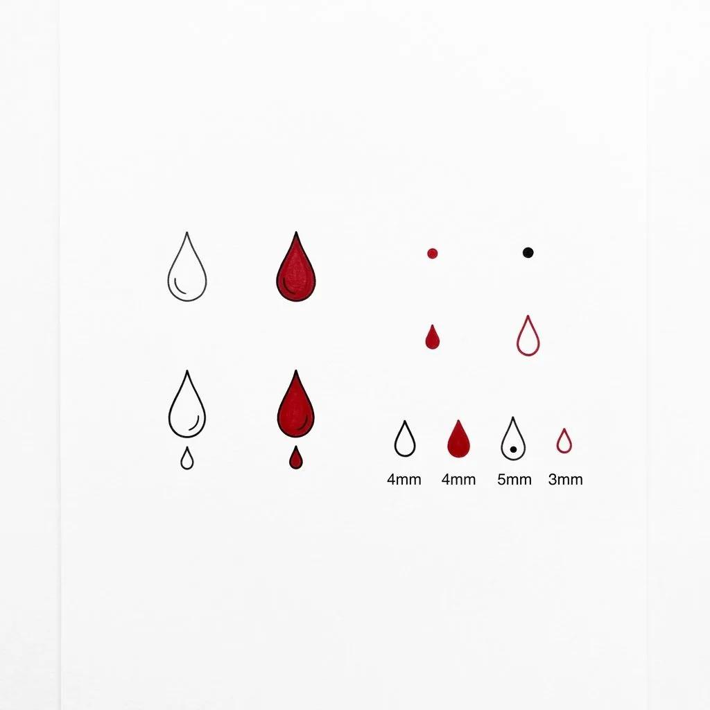 Flash sheet of minimalist drop tattoo designs in black and red fine line on a white background.