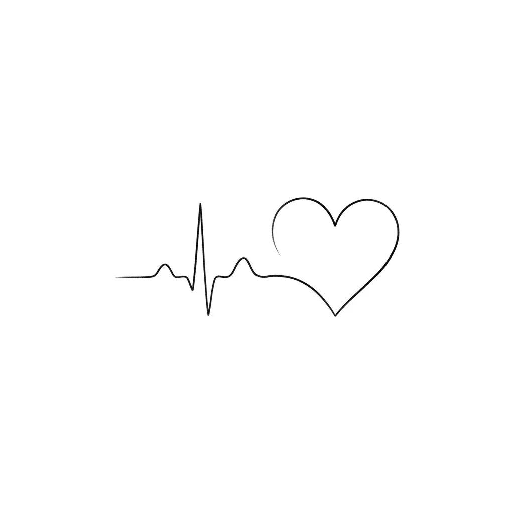 Minimalist tattoo design of a fine ECG line ending in a heart shape on a white background.