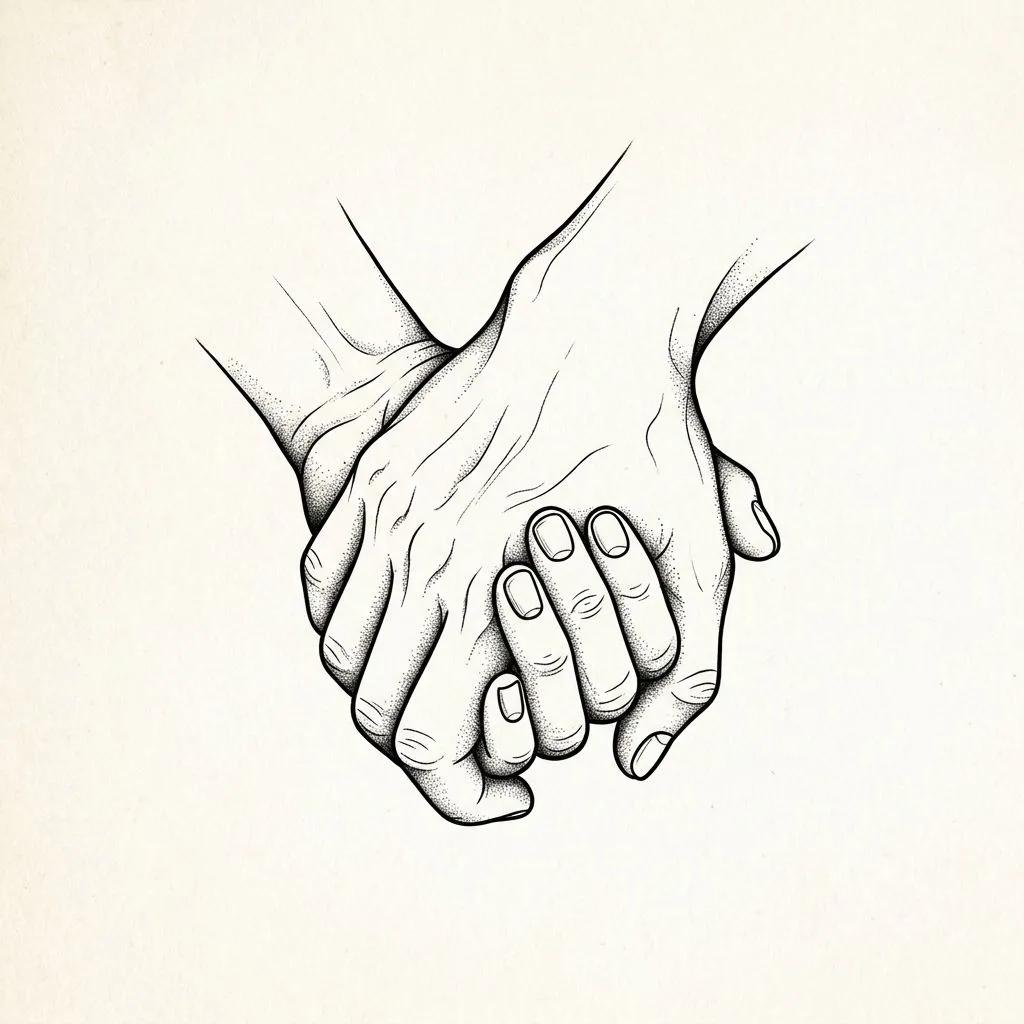 Tattoo design of two hands holding each other with fine lines and subtle dotwork shading.
