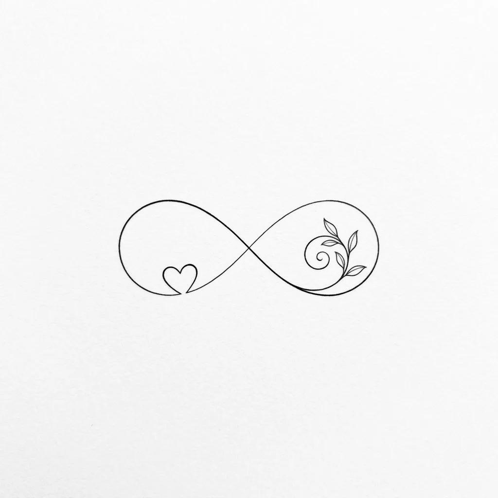 Tattoo design of an infinity symbol integrated with a small heart and a leafy branch in fine black lines.