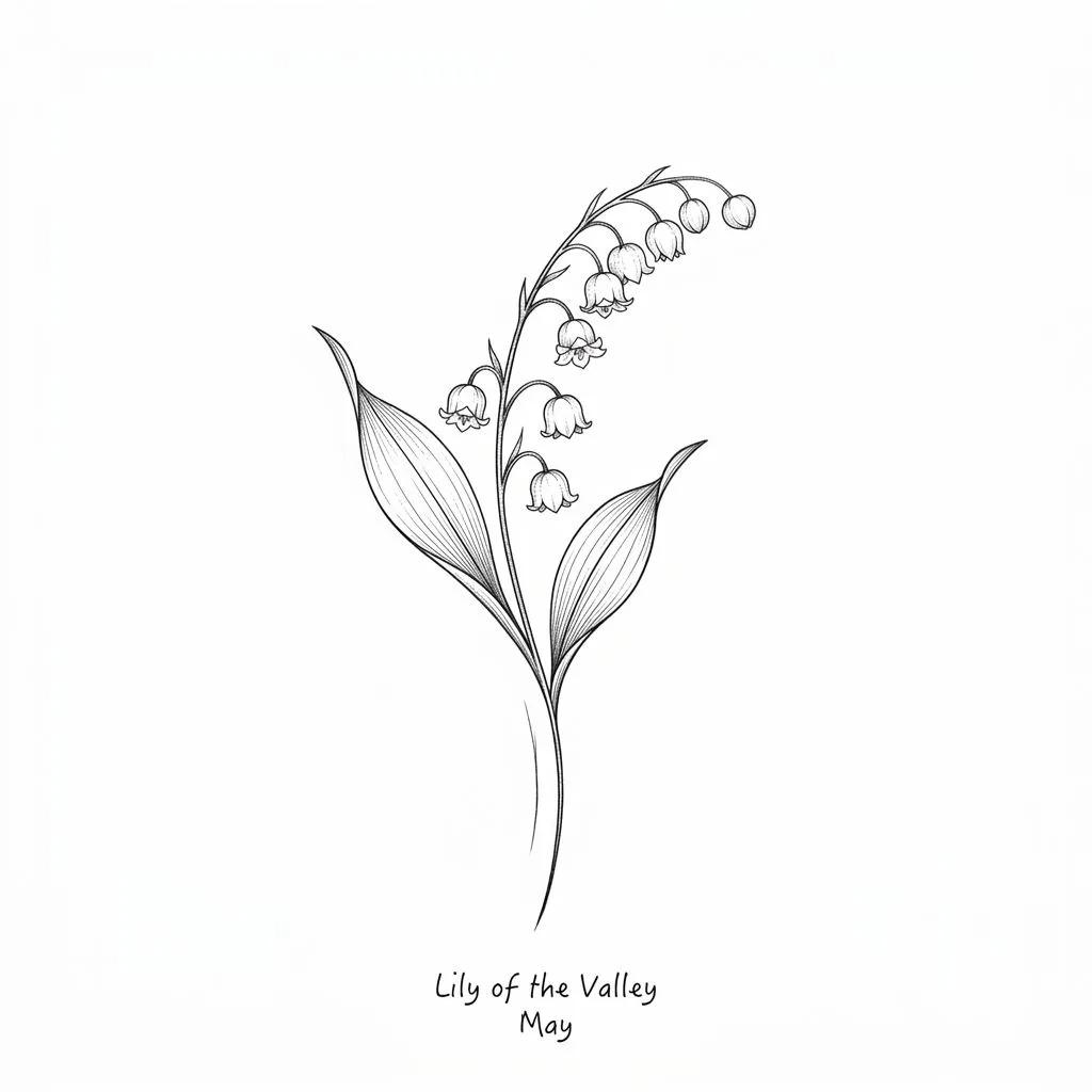 Fine-line tattoo design of a lily of the valley flower on a white background.